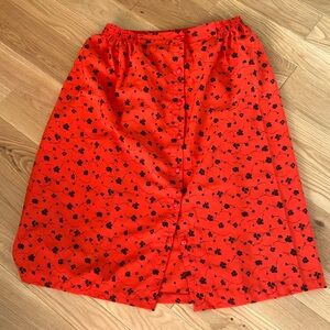 Red A-Line button Midi Skirt with Black floral  Print